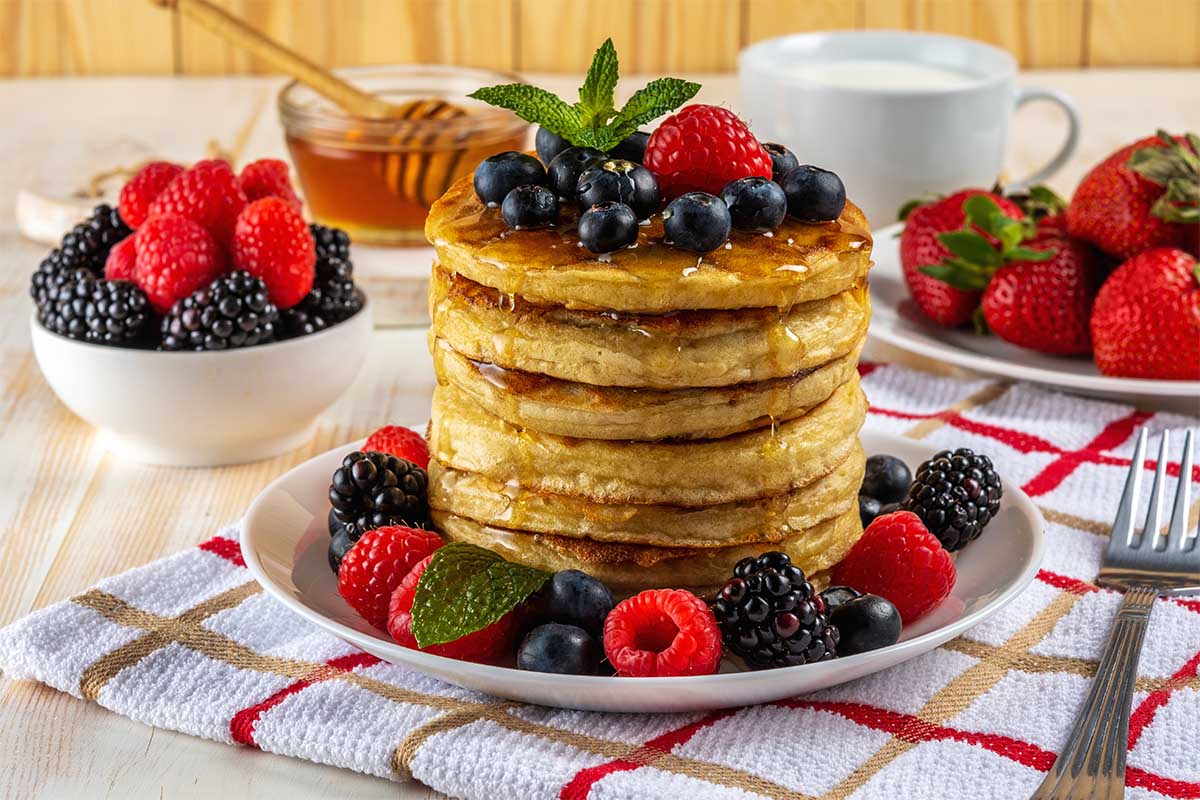 Stack of fluffy pancakes recipe made with no milk