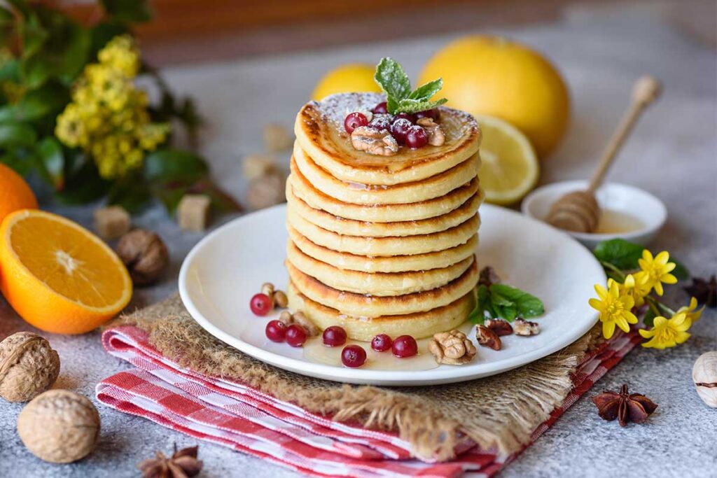 Stack of pancakes made with milk substitutes