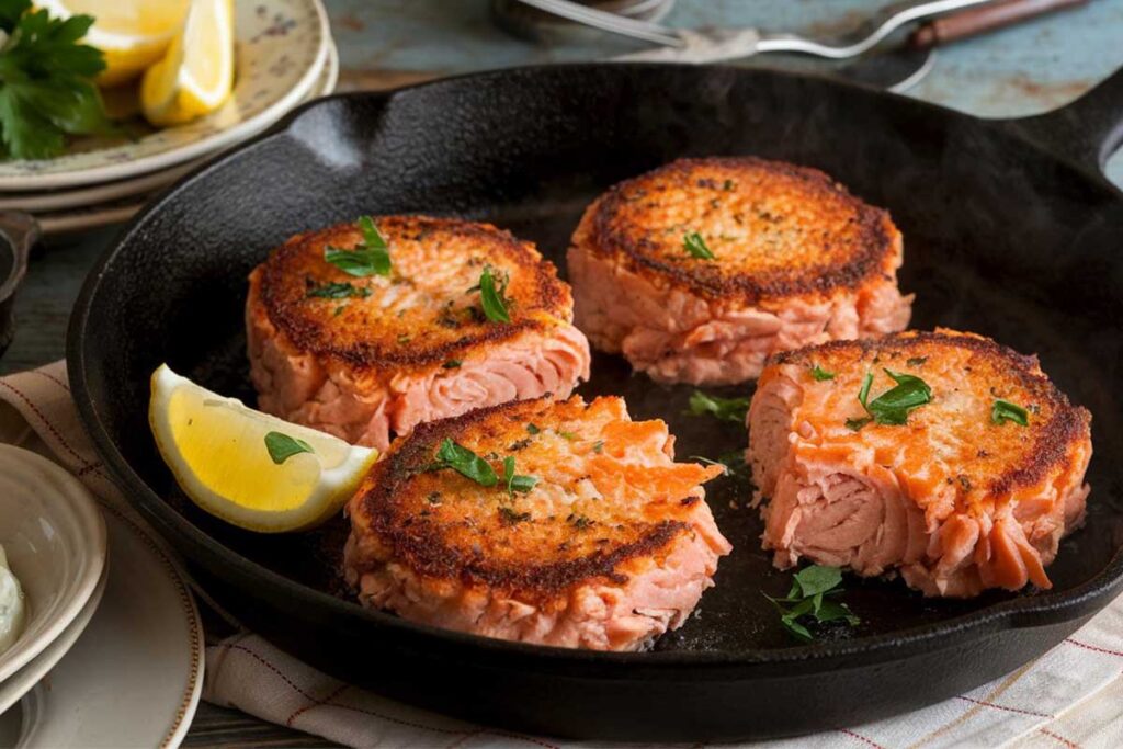 Crispy old fashioned salmon patties served with lemon and herbs