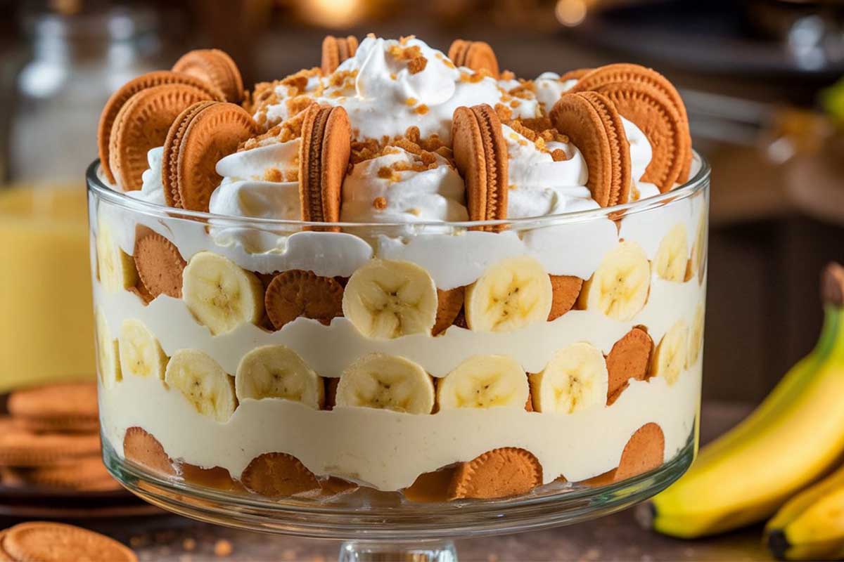 A creamy and layered Paula Deen banana pudding with Chessmen cookies and banana slices.