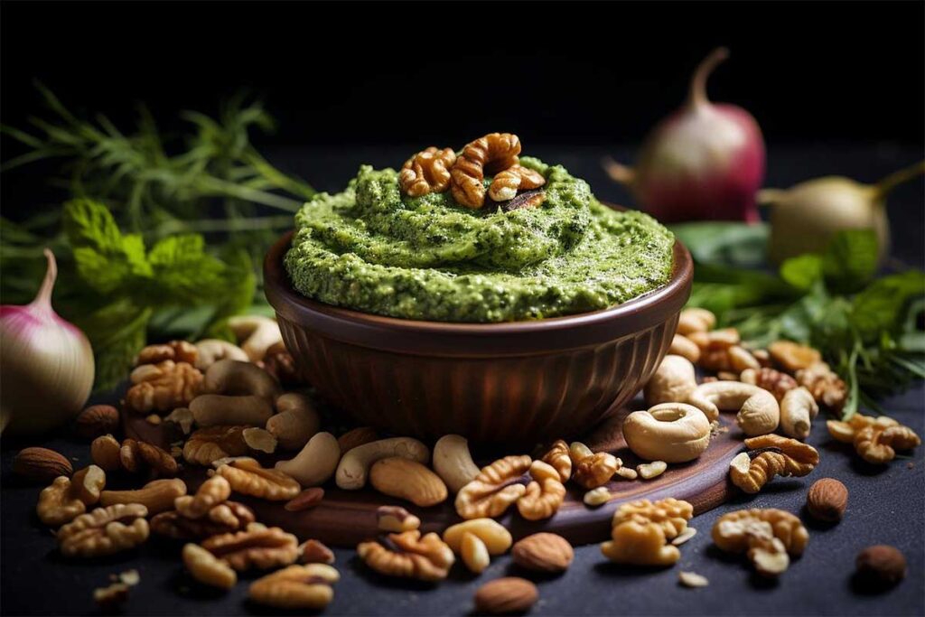 A jar of walnut pesto next to a bowl of pine nuts with fresh basil leaves