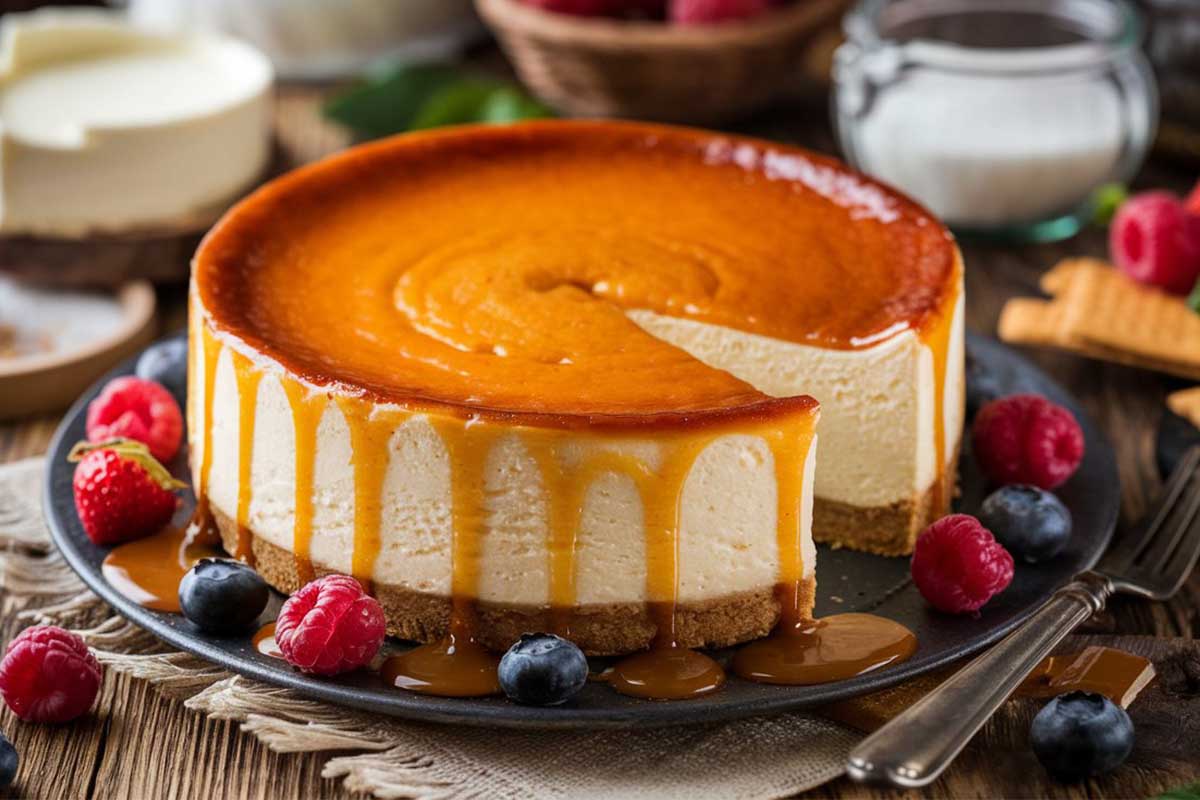 A perfectly baked cheesecake with a smooth, creamy top and a golden graham cracker crust.