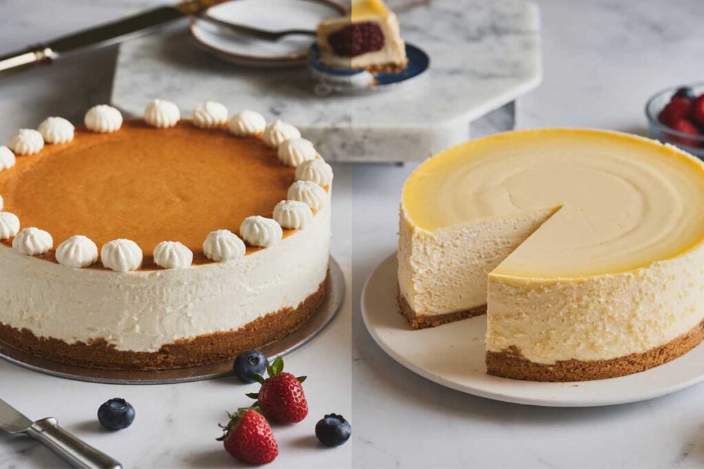 Side-by-side comparison of New York cheesecake and Philadelphia cheesecake slices.