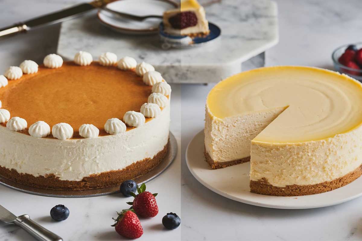 Side-by-side comparison of New York cheesecake and Philadelphia cheesecake slices.