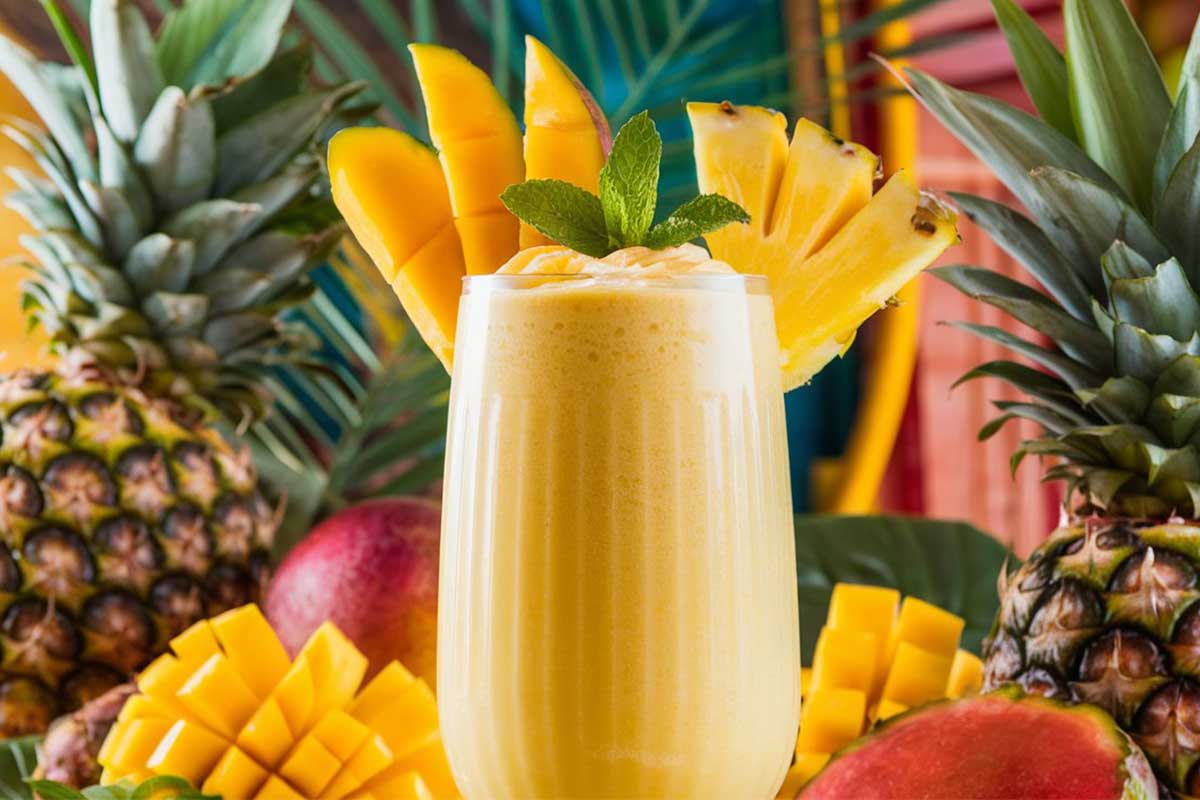 A refreshing mango pineapple smoothie in a glass garnished with tropical fruits.