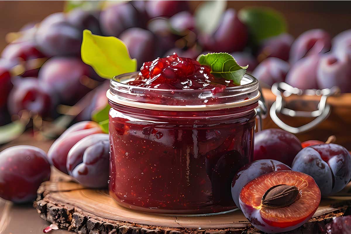 Jar of homemade plum jelly in a pantry with fresh plums beside it