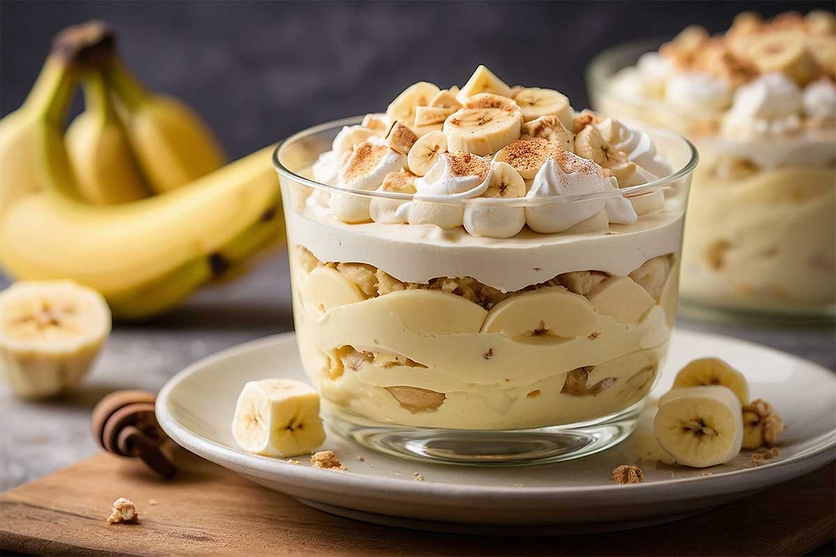 A creamy dish of banana pudding with layers of vanilla wafers and fresh banana slices