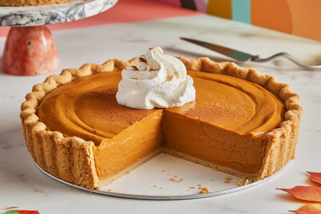 A slice of Milk Bar Pumpkin Pie with a caramel layer on a plate, topped with whipped cream and a sprinkle of cinnamon.