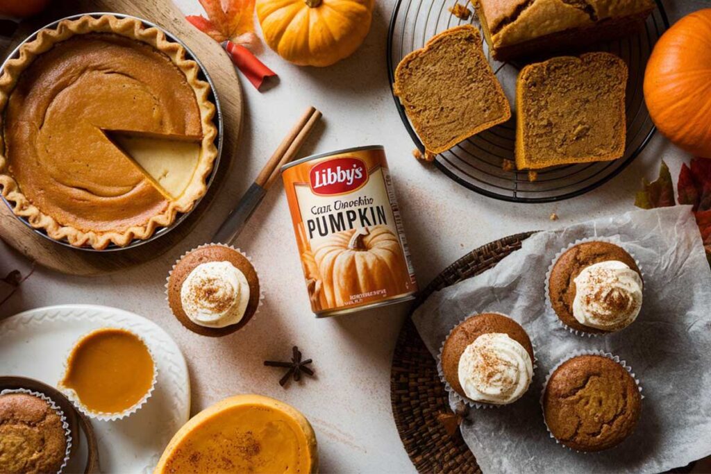 A variety of Libby's pumpkin dishes including pie, muffins, and bread.