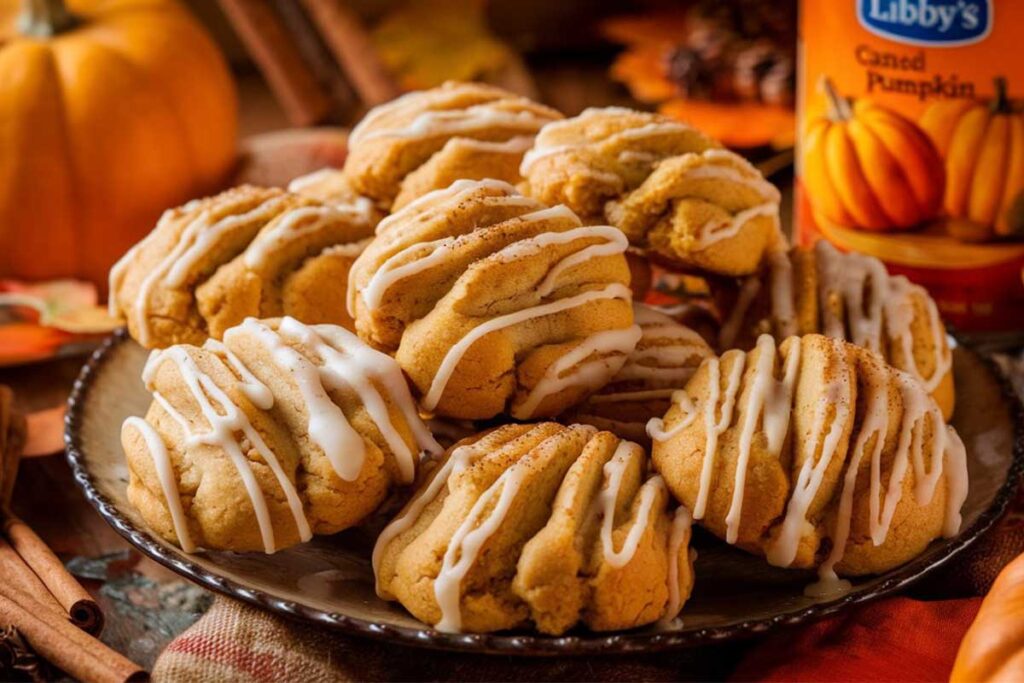 A plate of Libby's old fashioned soft pumpkin cookies topped with cream cheese frosting.