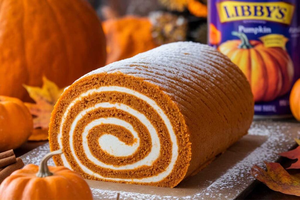 A Libby's pumpkin roll recipe with cream cheese filling, dusted with powdered sugar.