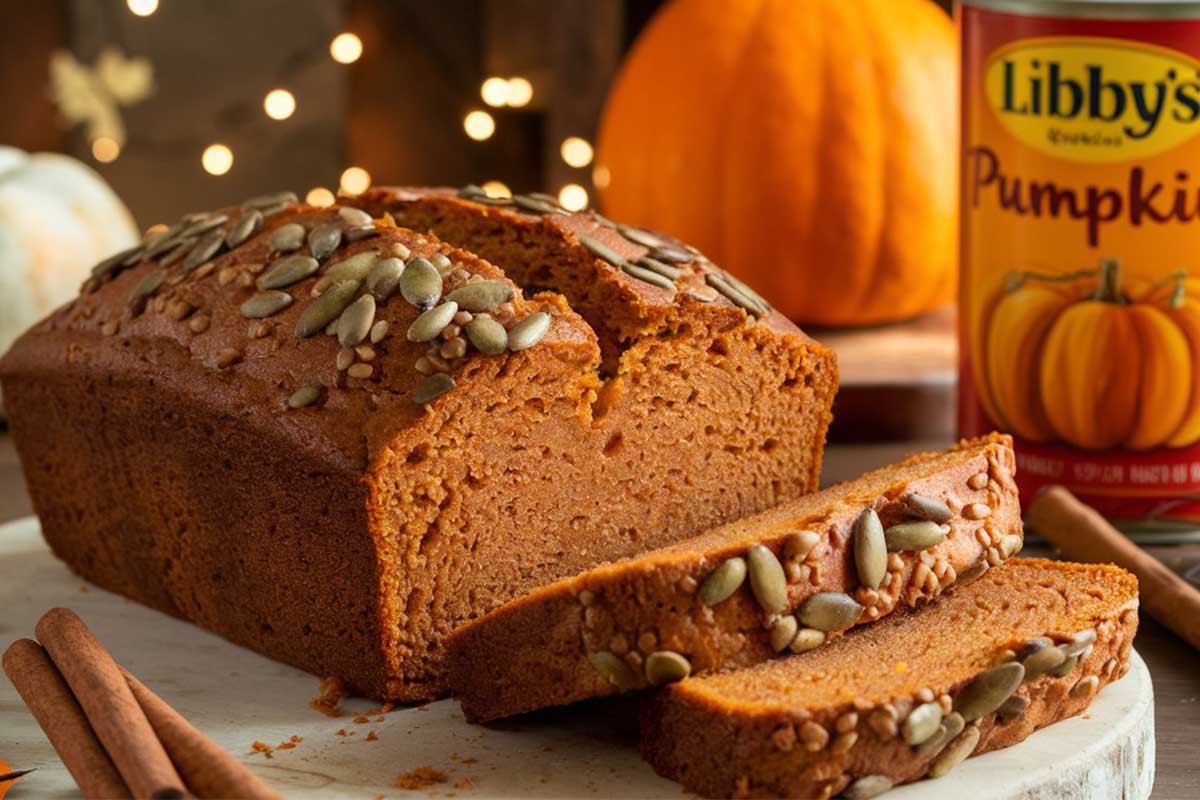 A freshly baked loaf of Libby's pumpkin bread sliced on a wooden cutting board with a sprinkle of cinnamon.