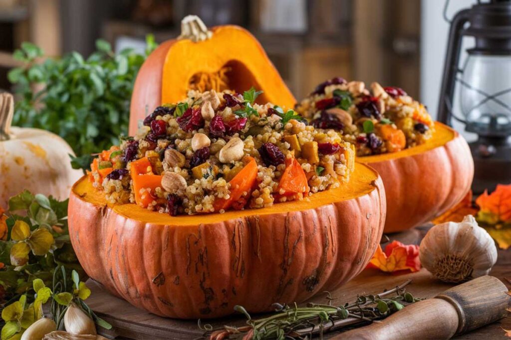 A beautifully roasted stuffed butternut pumpkin filled with grains, vegetables, and herbs, served on a wooden board.