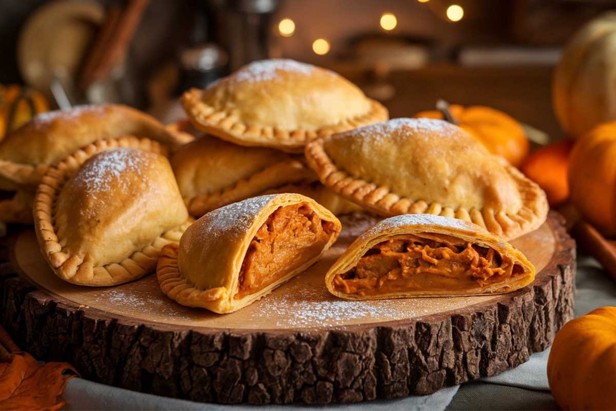 Golden-brown pumpkin empanada recipe on a rustic wooden plate with cinnamon sticks and pumpkin puree in the background.