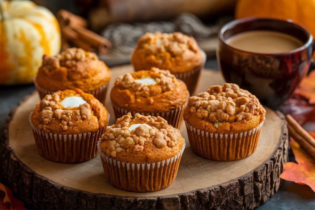 A freshly baked Starbucks pumpkin muffin with cream cheese filling, topped with pumpkin seeds, served on a rustic wooden table.