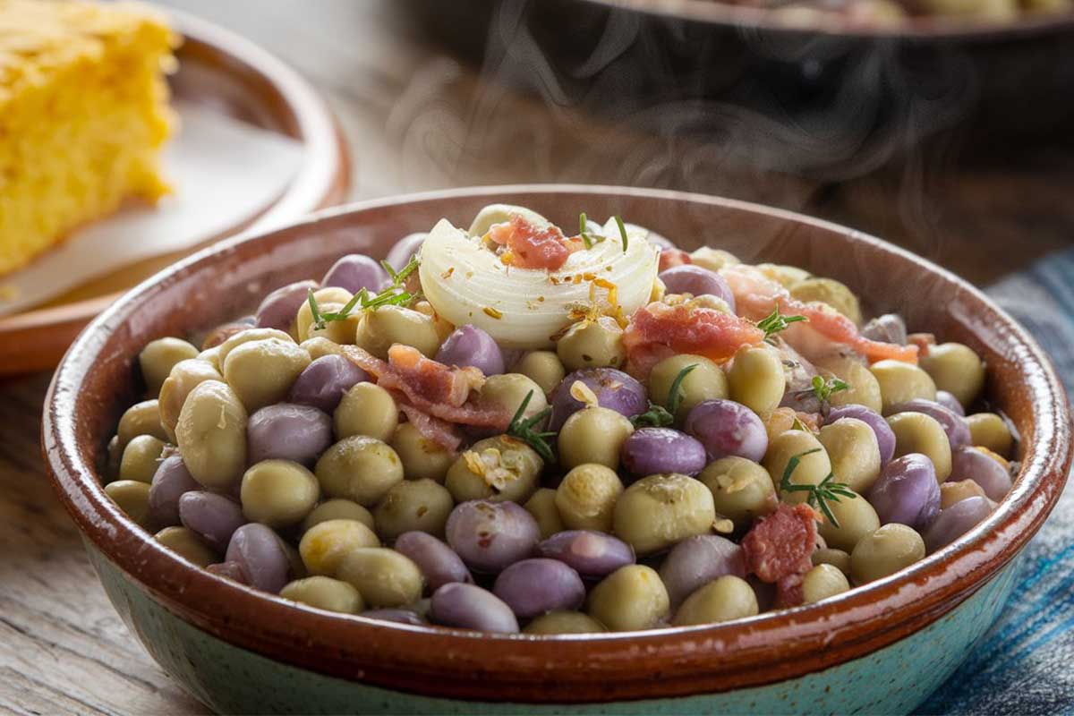 A bowl of cooked purple hull peas with bacon and onions, garnished with herbs.