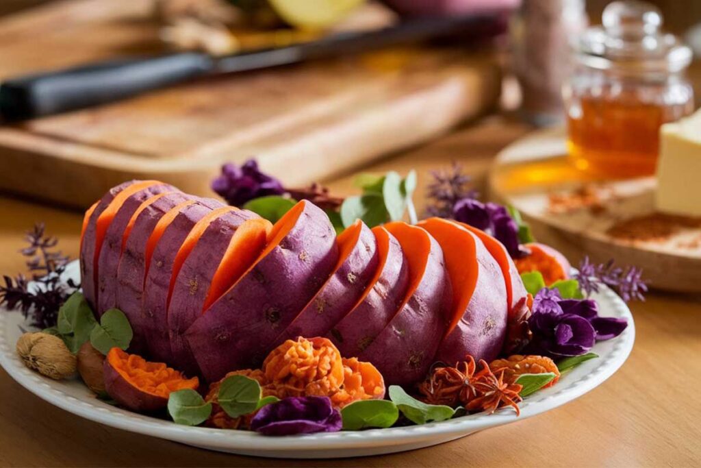 Close-up of roasted purple sweet potatoes garnished with fresh herbs on a white plate.