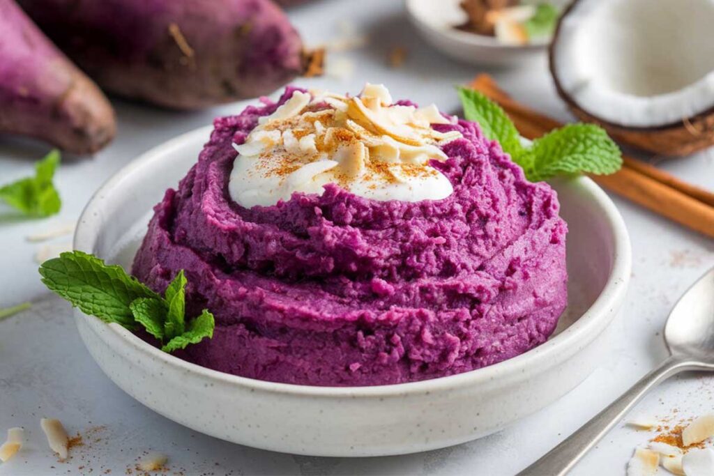 A bowl of cooked purple yam cubes garnished with sesame seeds and a sprinkle of herbs.