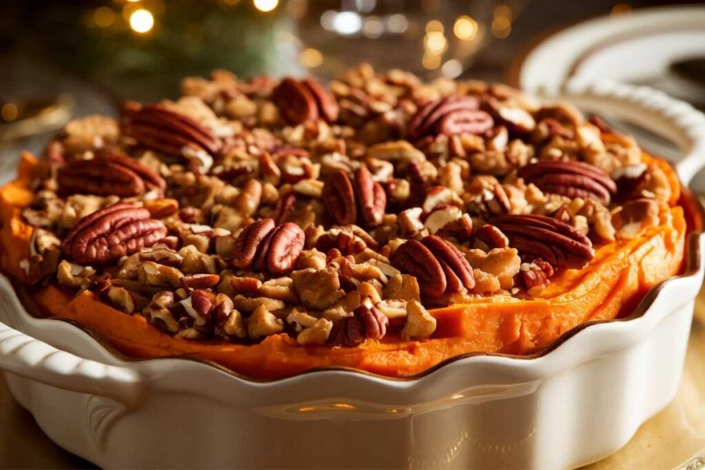 Ruth's Chris-style sweet potato casserole topped with a crunchy pecan topping