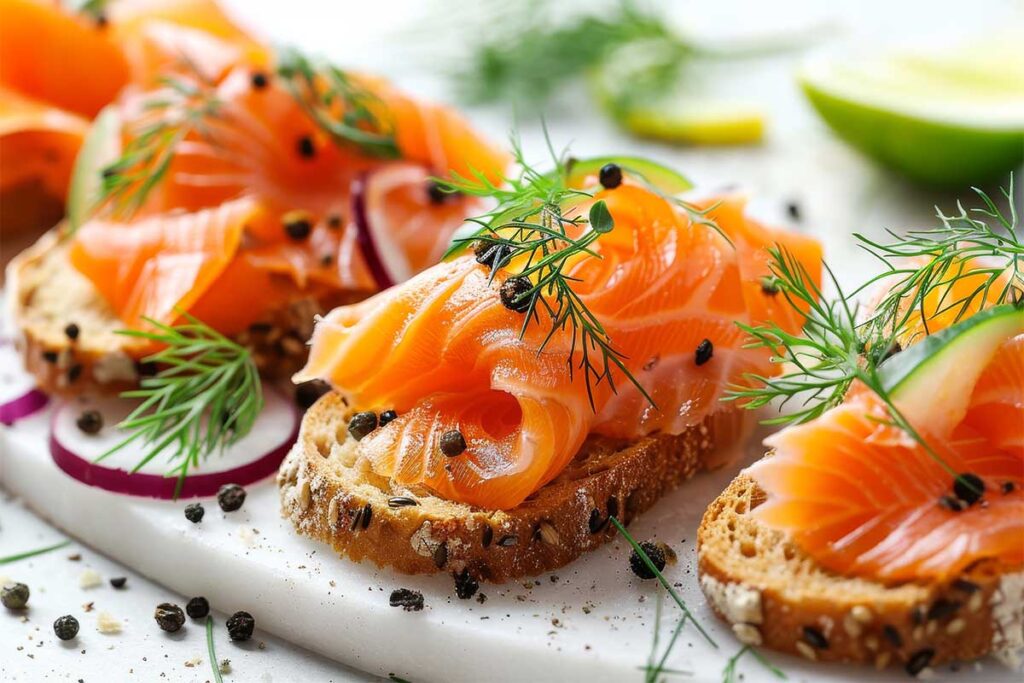 A variety of smoked salmon dishes including a smoked salmon salad, sushi rolls, and smoked salmon quiche.