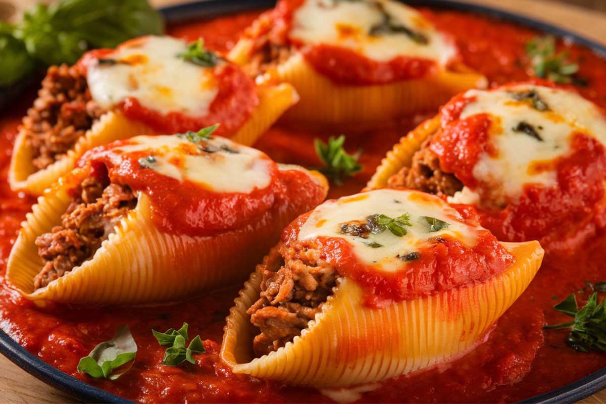 Delicious stuffed shells filled with ground beef and cheese, topped with marinara sauce, baked to perfection.