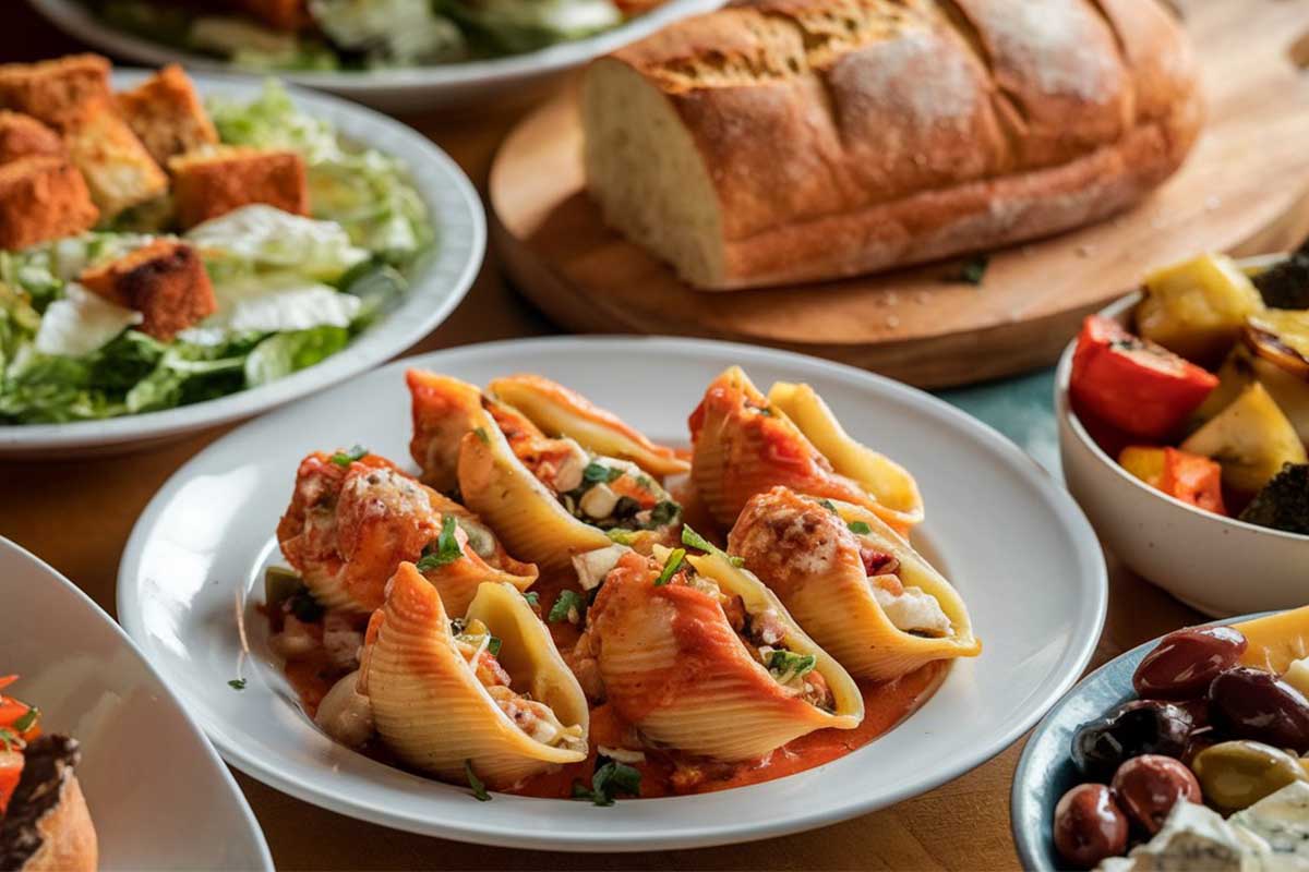 Plated stuffed shells with garlic bread, salad, and a glass of red wine.