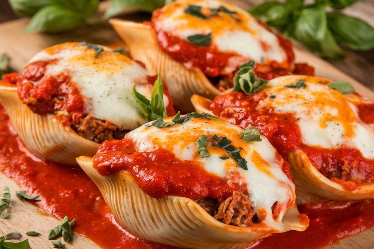 Close-up of perfectly baked stuffed shells with a creamy, firm ricotta filling and thick marinara sauce.