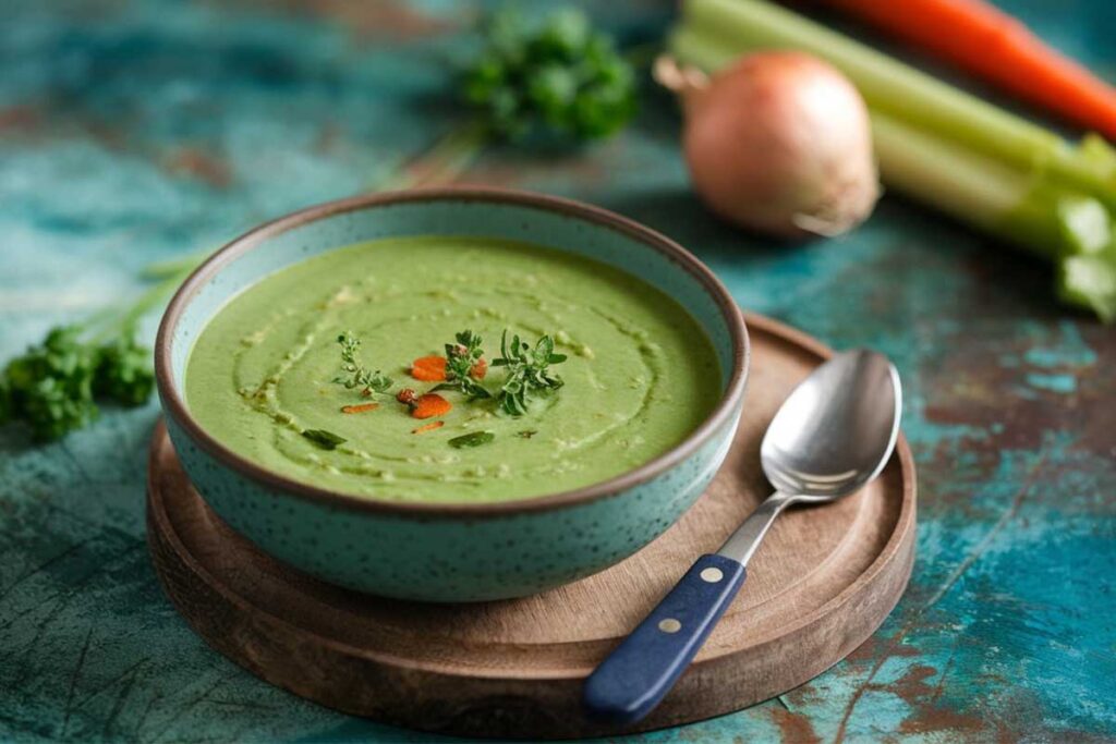 A bowl of freshly crafted soup in Abiotic Factor with vibrant vegetables and herbs.