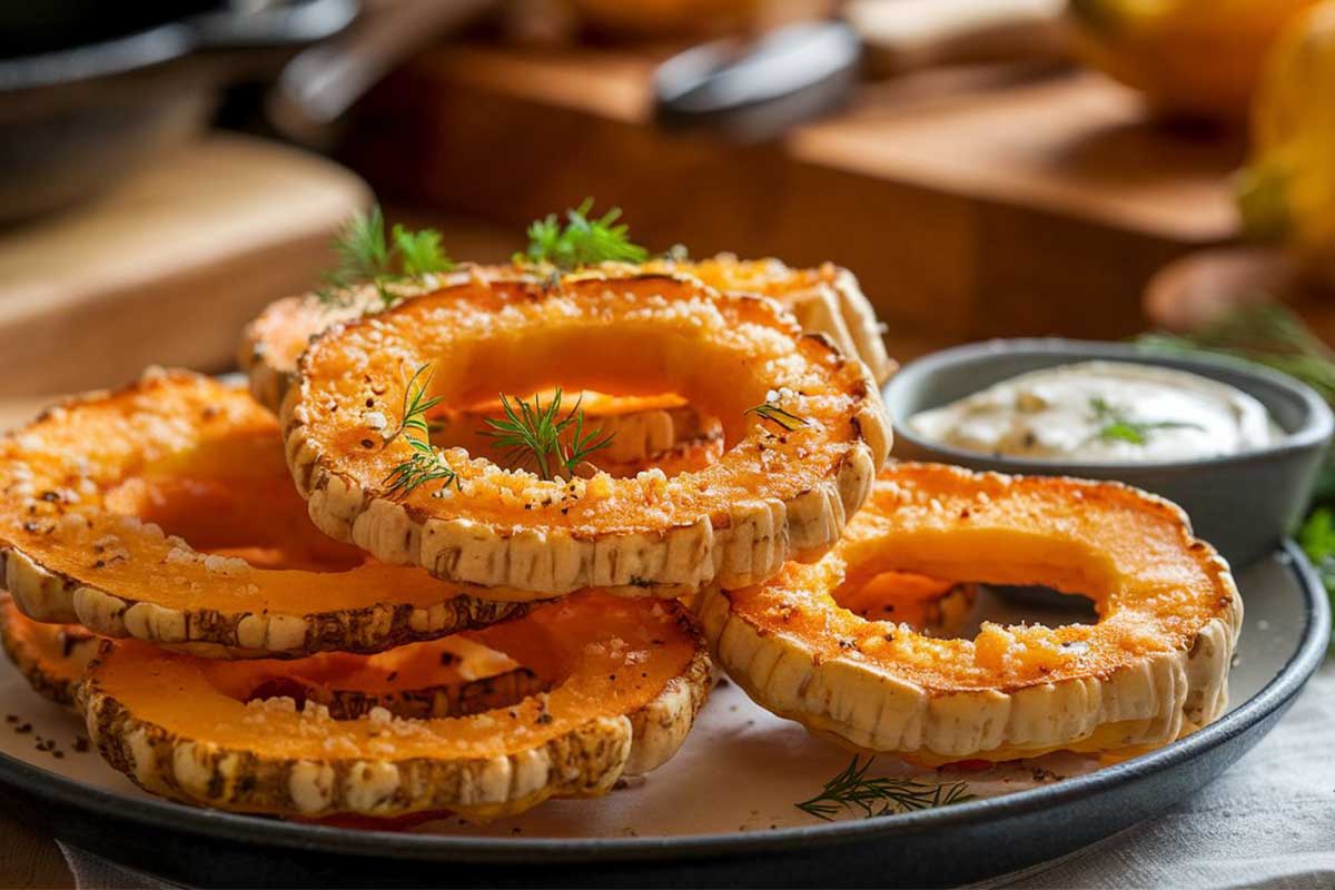 Crispy fried squash slices served on a plate.