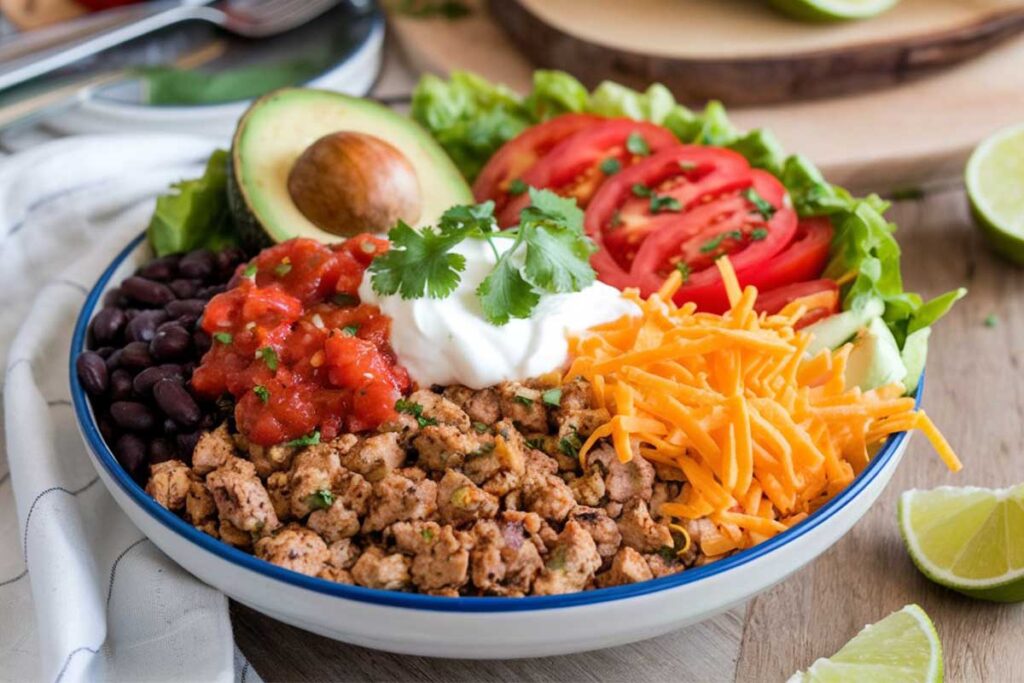 A colorful taco bowl filled with seasoned beef, rice, avocado, salsa, and cheese, served with a side of lime wedges.