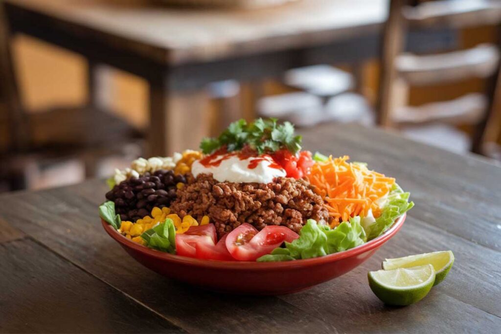 A fully loaded taco bowl with ground beef, rice, avocado, and fresh toppings.