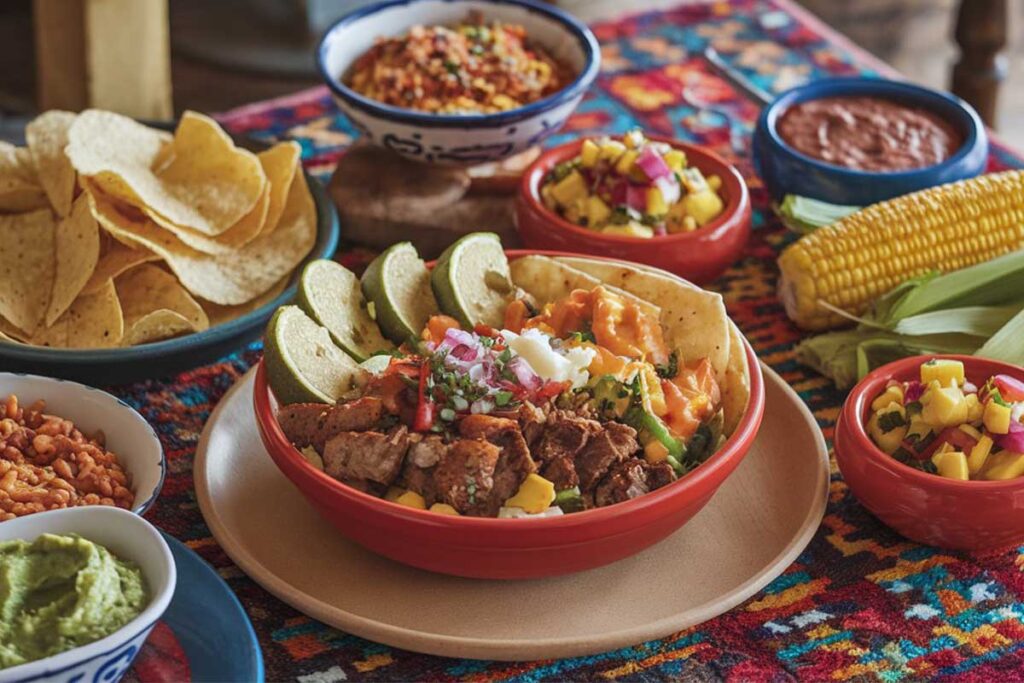 A spread of taco bowls with roasted vegetables, salsa, and Spanish rice on a colorful table.