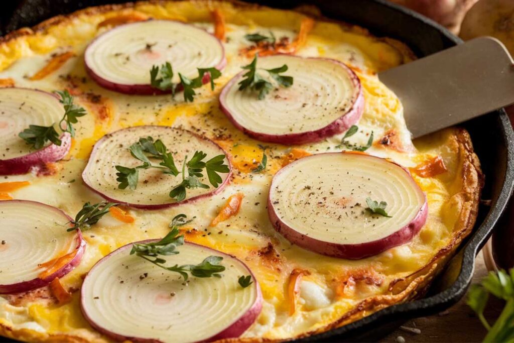 ALT Text: A golden-brown Turnips and Potatoes Frittata freshly baked in an oven-safe skillet with a garnish of fresh herbs.