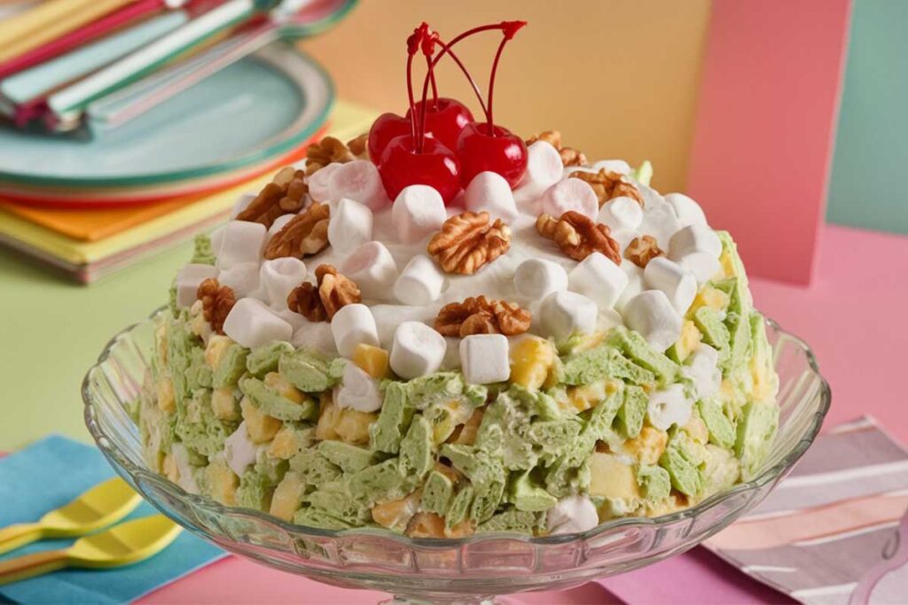 Classic Watergate Salad with pistachio pudding, pineapple, and marshmallows