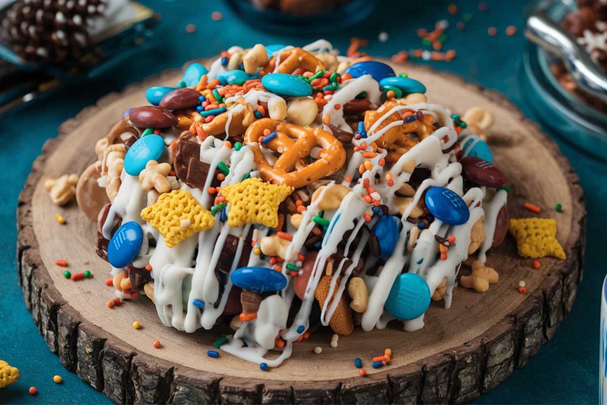 Bowl of white trash mix with pretzels, Chex cereal, and M&Ms coated in white chocolate