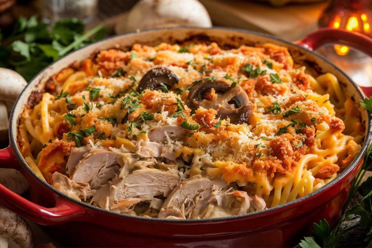 Creamy turkey tetrazzini with Campbell's cream of chicken soup, baked in a casserole dish with melted cheese.