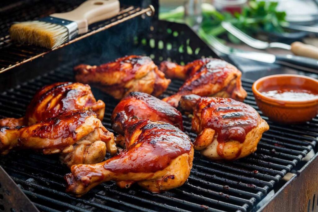 Grilled Delmarva BBQ chicken with a golden, crispy skin served on a plate.