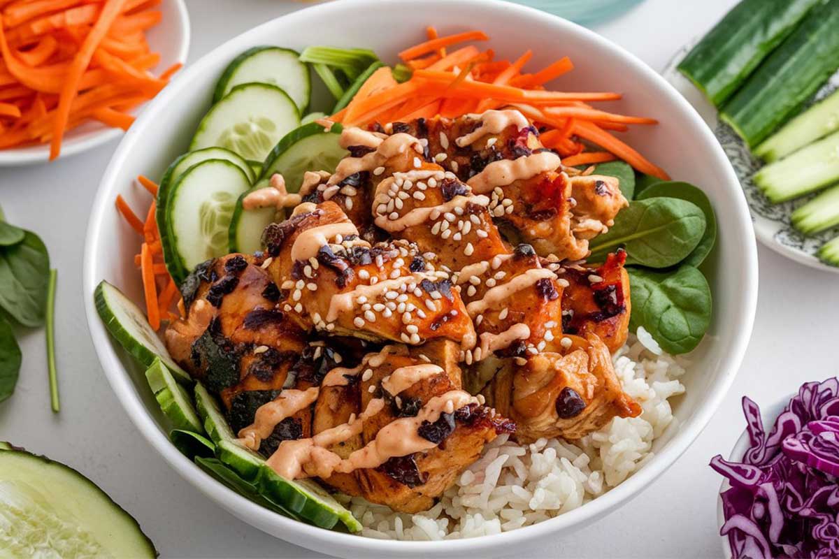 A homemade Bibibop copycat chicken bowl with rice, vegetables, and sesame sauce.