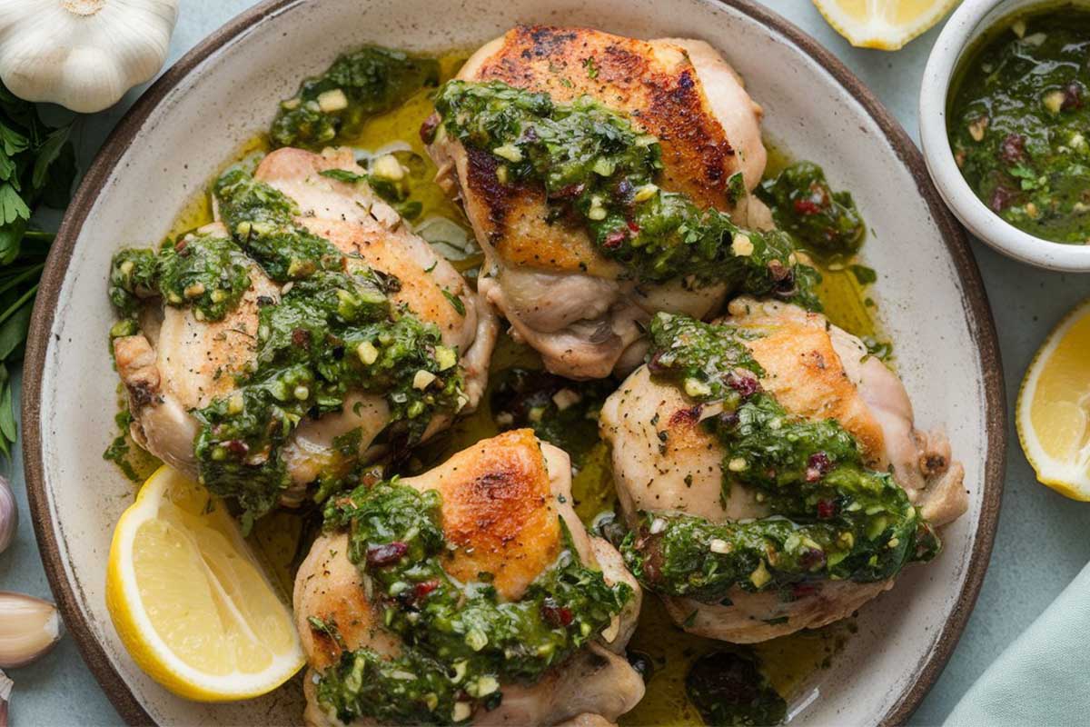 Juicy Olivia Lazy Chicken Recipe topped with fresh chimichurri sauce on a plate