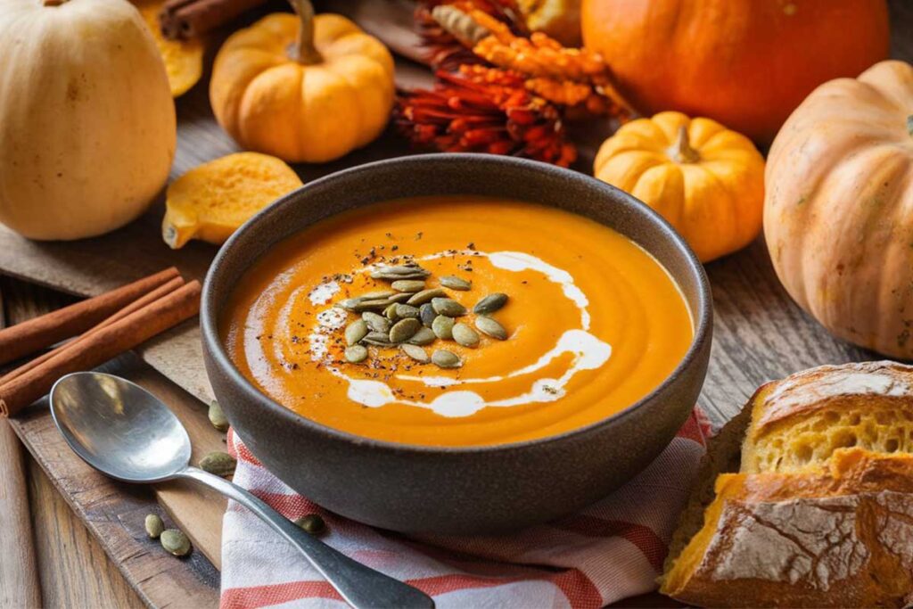 A bowl of creamy Panera Autumn Squash Soup topped with toasted pepitas, served with crusty bread.