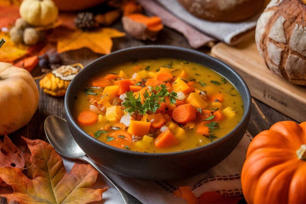 A warm bowl of autumn soup filled with seasonal vegetables like squash, carrots, and pumpkin, garnished with fresh herbs.