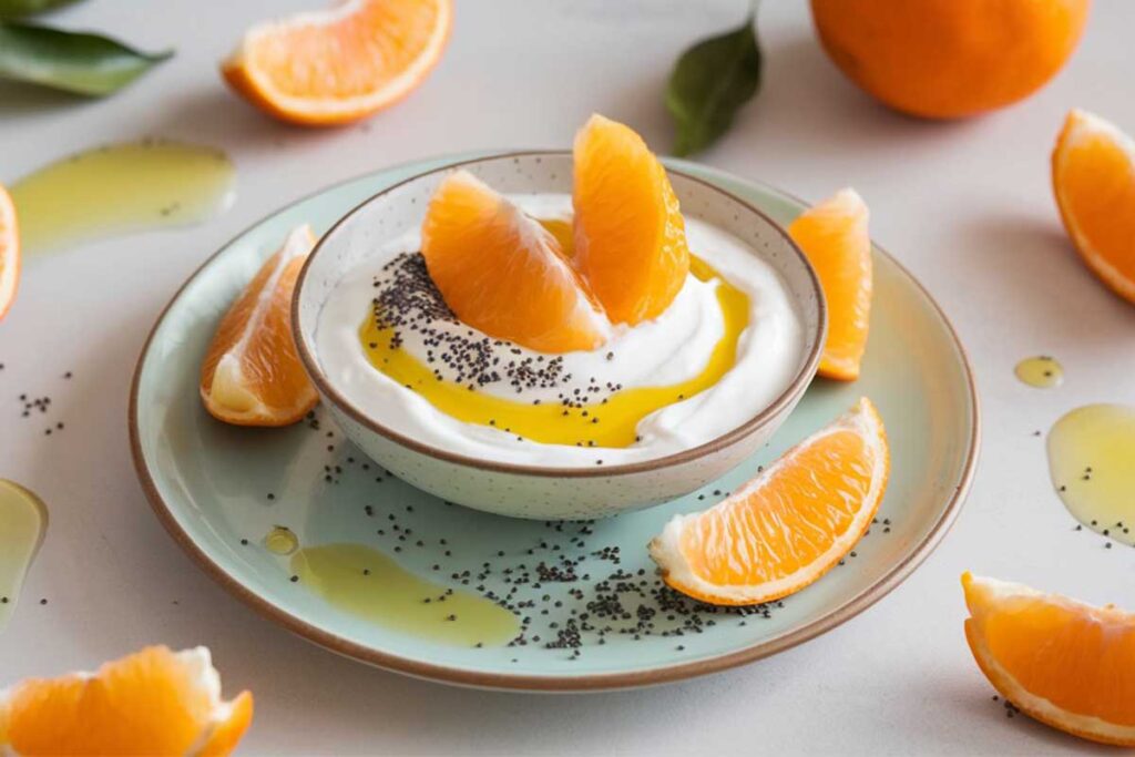 A slice of Clementine Poppyseed Olive Oil Yogurt Cake topped with citrus glaze and poppyseeds on a plate.