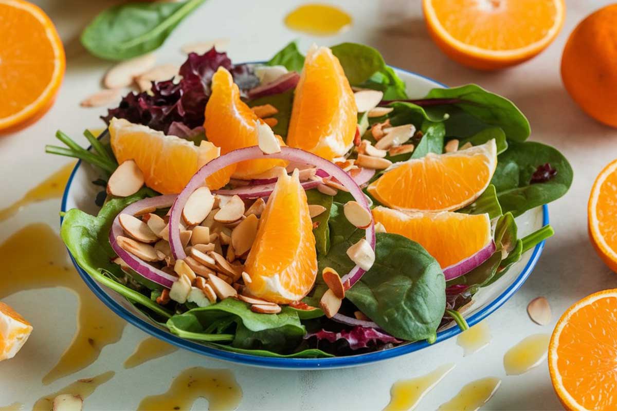 A vibrant Mandarin Orange Salad with fresh greens, mandarin slices, toasted nuts, and a citrus vinaigrette.