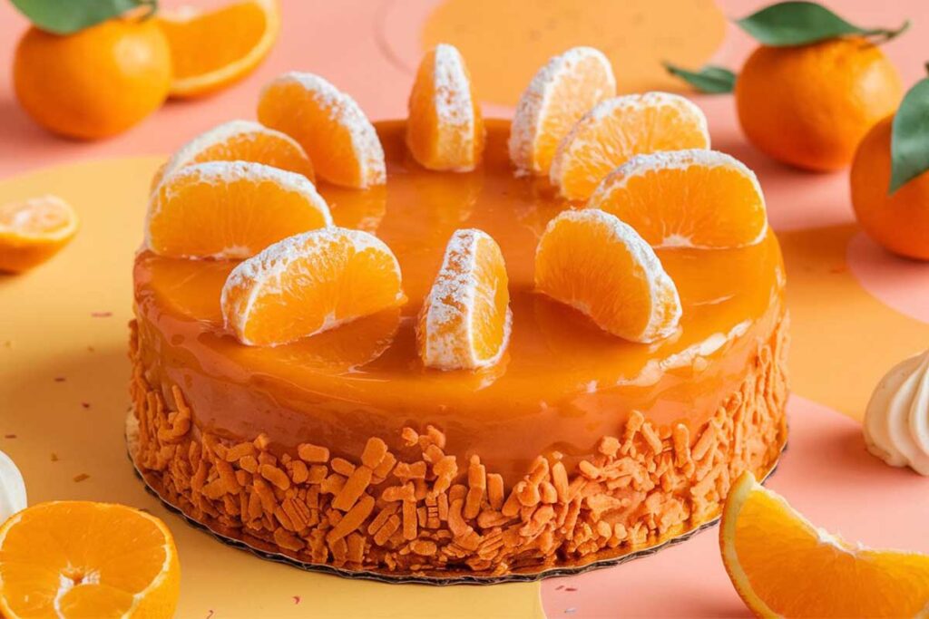 A slice of Mandarin Orange Cake topped with creamy pineapple frosting and garnished with fresh mandarin segments.