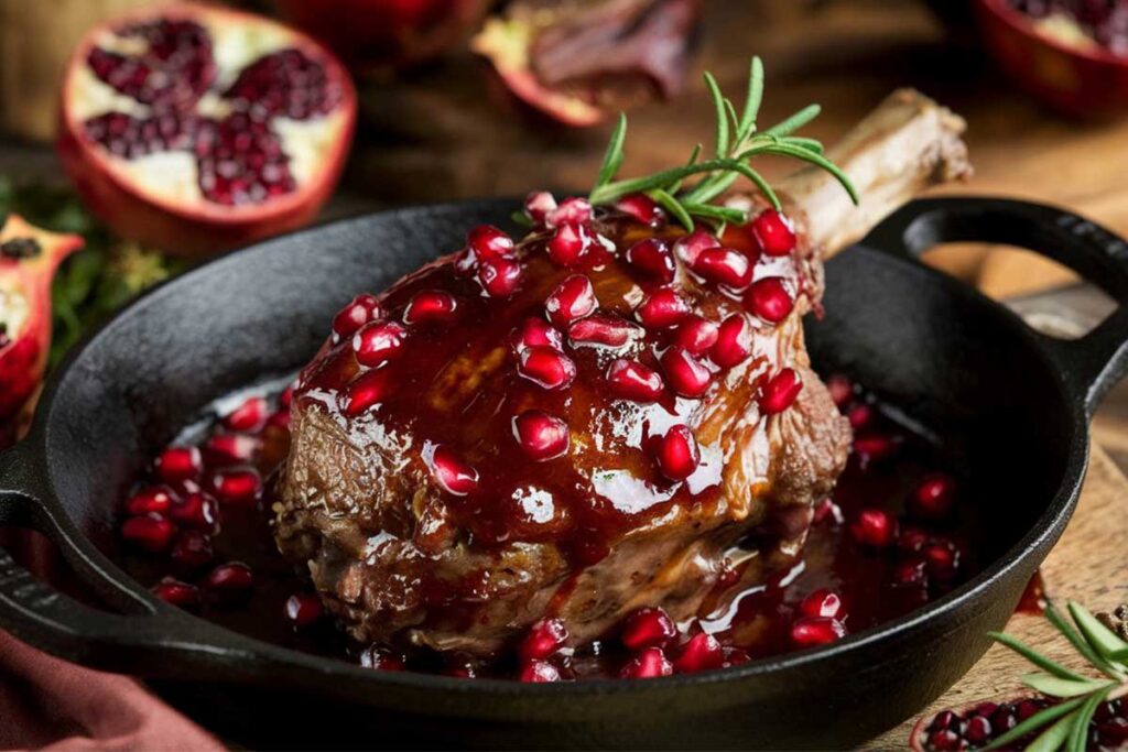 Braised lamb shanks with pomegranate seeds and a rich, tangy sauce served on a plate.