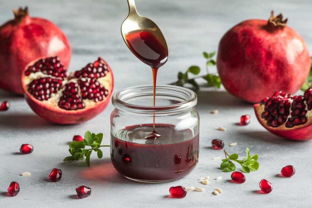 Thick, dark red pomegranate molasses in a glass jar with fresh pomegranates and a spoon