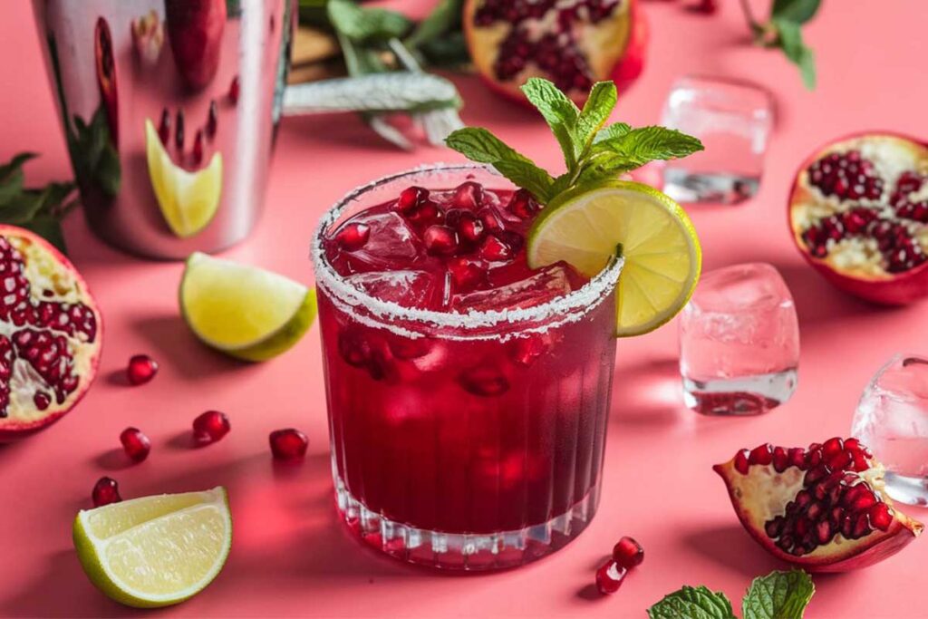 Bright pomegranate margarita in a glass, garnished with lime and pomegranate seeds.