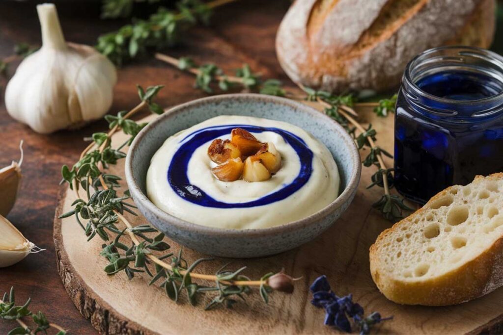 A jar of blue jam garlic aioli with a spoon, next to fresh garlic and a slice of bread.