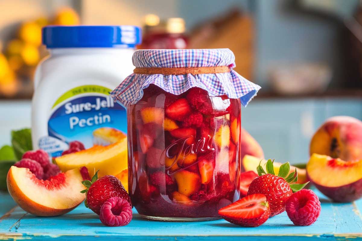 Jar of homemade Sure Jell freezer jam with fresh strawberries and a spoon.