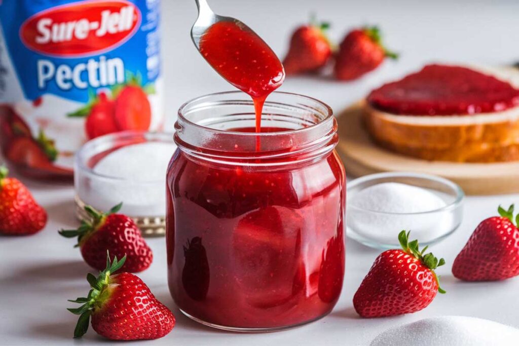 Jar of homemade Sure Jell strawberry jam with fresh strawberries and a spoon.